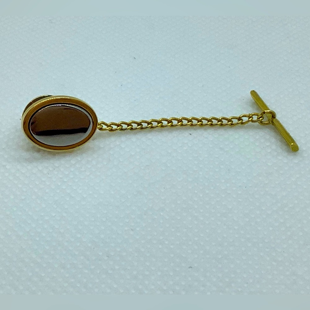 Gold Tone Tie Tac with Hematite Front and Safety Chain